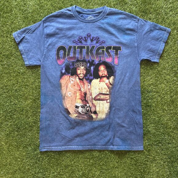 Y2K OUTKAST Blue Cotton Crew Neck Short Sleeve Distressed T-Shirt Size Medium - Picture 1 of 8